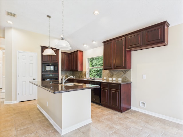 11628 King Edward Ct, Montgomery, TX 77316 - kitchen with black appliances, tasteful backsplash, pendant lighting, a sink, and light tile patterned floors