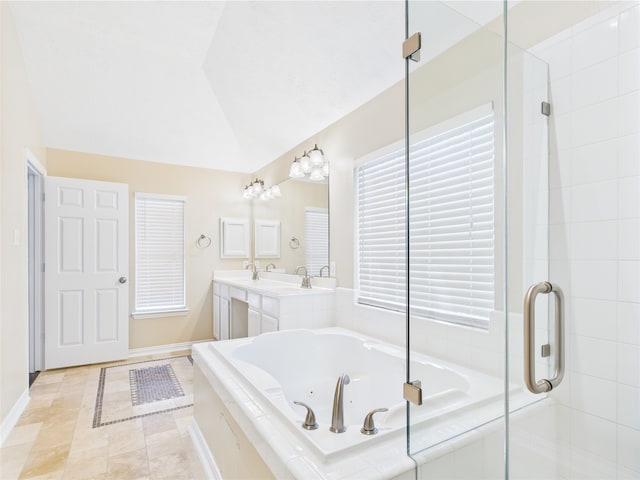 11628 King Edward Ct, Montgomery, TX 77316 - full bathroom featuring baseboards, a jetted tub, a stall shower, lofted ceiling, and double vanity