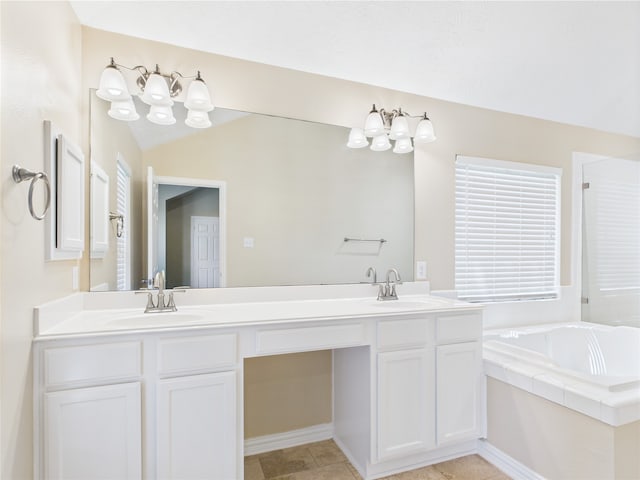 11628 King Edward Ct, Montgomery, TX 77316 - full bathroom featuring double vanity, a bath, and vaulted ceiling