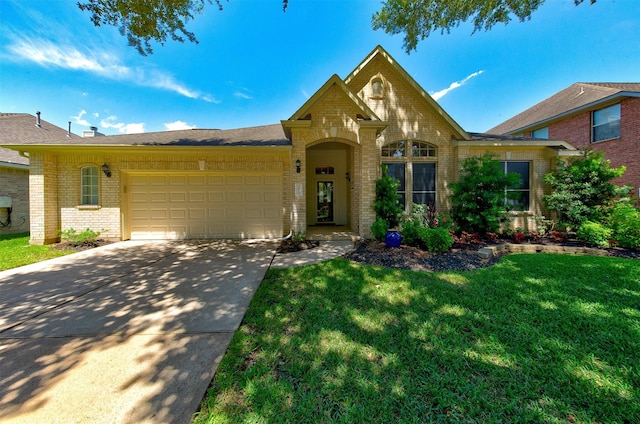 1810 Spreading Bough Ln, Richmond, TX 77406 - view of front of home with brick siding, a garage, a front lawn, and concrete driveway