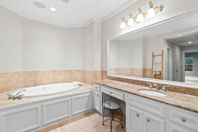 6230 Elm Heights Ln, Houston, TX 77081 - full bath with tile patterned floors, vanity, a bath, crown molding, and recessed lighting