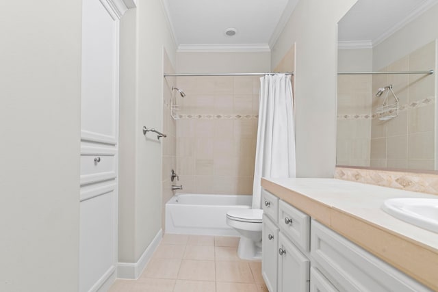 6230 Elm Heights Ln, Houston, TX 77081 - full bath with ornamental molding, tile patterned floors, vanity, toilet, and shower / tub combo with curtain