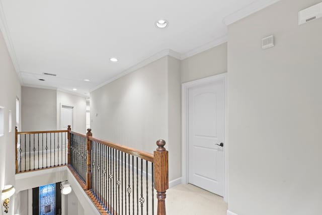6230 Elm Heights Ln, Houston, TX 77081 - hallway with crown molding, an upstairs landing, recessed lighting, carpet, and baseboards