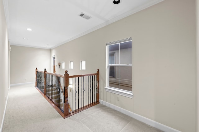 6230 Elm Heights Ln, Houston, TX 77081 - staircase featuring carpet flooring, crown molding, baseboards, and recessed lighting