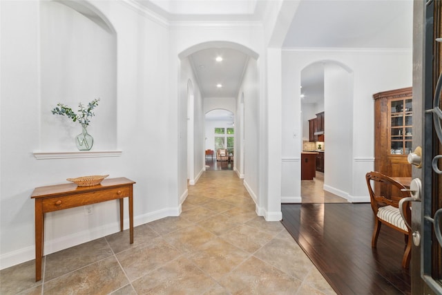 27259 Jessica Hills Ln, Spring, TX 77386 - entryway with ornamental molding, arched walkways, baseboards, and recessed lighting
