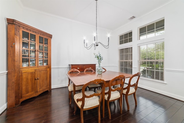 27259 Jessica Hills Ln, Spring, TX 77386 - dining area with a chandelier, dark wood-style flooring, crown molding, and baseboards