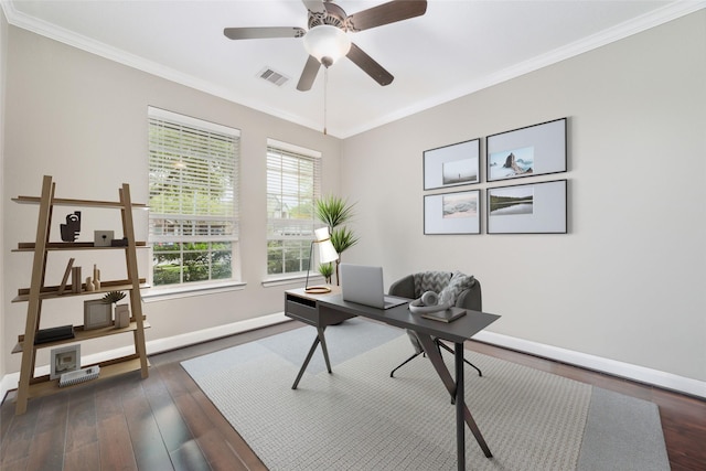 27259 Jessica Hills Ln, Spring, TX 77386 - office with crown molding, baseboards, dark wood finished floors, and a ceiling fan