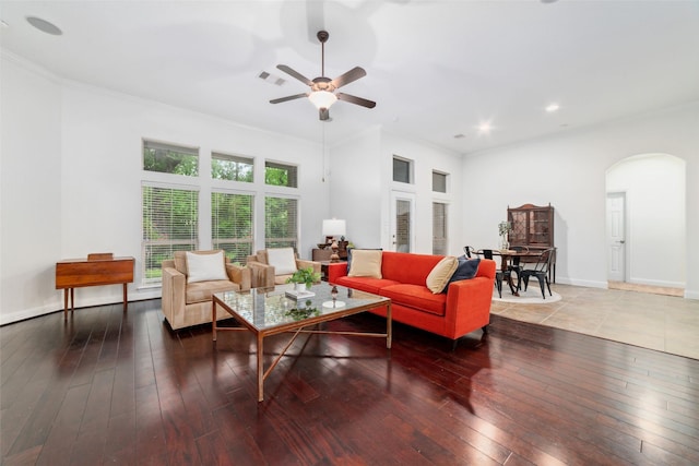 27259 Jessica Hills Ln, Spring, TX 77386 - living area featuring arched walkways, ceiling fan, crown molding, hardwood / wood-style flooring, and recessed lighting