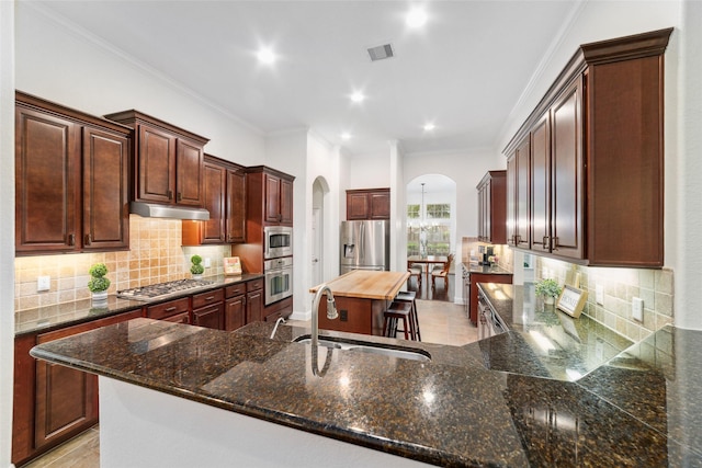 27259 Jessica Hills Ln, Spring, TX 77386 - kitchen featuring arched walkways, appliances with stainless steel finishes, a sink, ornamental molding, and under cabinet range hood