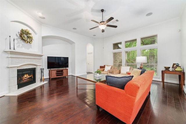27259 Jessica Hills Ln, Spring, TX 77386 - living area featuring ceiling fan, hardwood / wood-style floors, a glass covered fireplace, crown molding, and recessed lighting