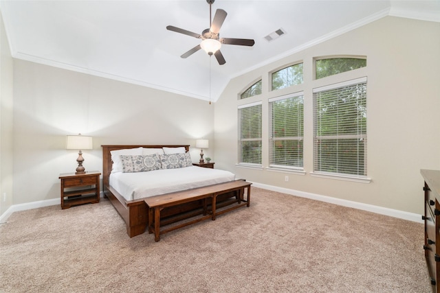 27259 Jessica Hills Ln, Spring, TX 77386 - bedroom featuring lofted ceiling, carpet flooring, ornamental molding, baseboards, and a ceiling fan