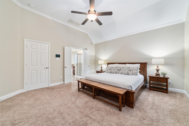 27259 Jessica Hills Ln, Spring, TX 77386 - carpeted bedroom featuring ornamental molding, baseboards, a ceiling fan, connected bathroom, and high vaulted ceiling