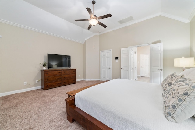27259 Jessica Hills Ln, Spring, TX 77386 - carpeted bedroom featuring lofted ceiling, crown molding, baseboards, and ceiling fan