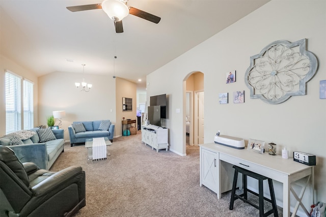 14657 E Pine Heart Dr, Conroe, TX 77302 - living room with arched walkways, light colored carpet, a chandelier, a ceiling fan, and lofted ceiling