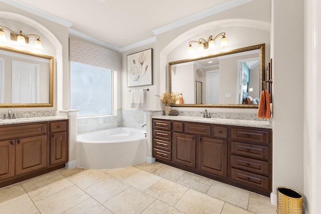 2322 Dolan Springs Ln, Friendswood, TX 77546 - full bath featuring two vanities, a garden tub, crown molding, and tile patterned flooring