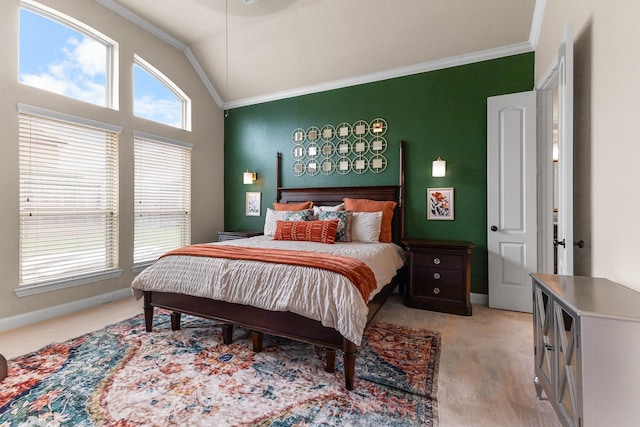 2322 Dolan Springs Ln, Friendswood, TX 77546 - bedroom featuring light colored carpet, ornamental molding, lofted ceiling, and baseboards