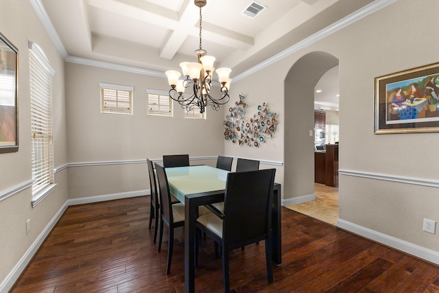 2322 Dolan Springs Ln, Friendswood, TX 77546 - dining space with arched walkways, coffered ceiling, wood-type flooring, a chandelier, and beam ceiling