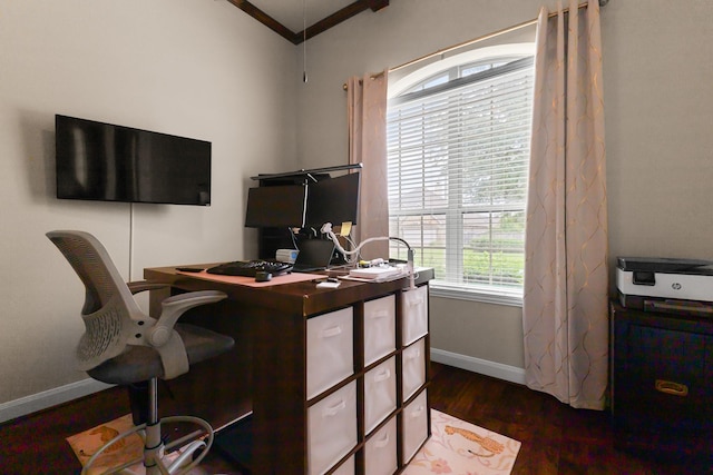 2322 Dolan Springs Ln, Friendswood, TX 77546 - office featuring crown molding, baseboards, and wood finished floors