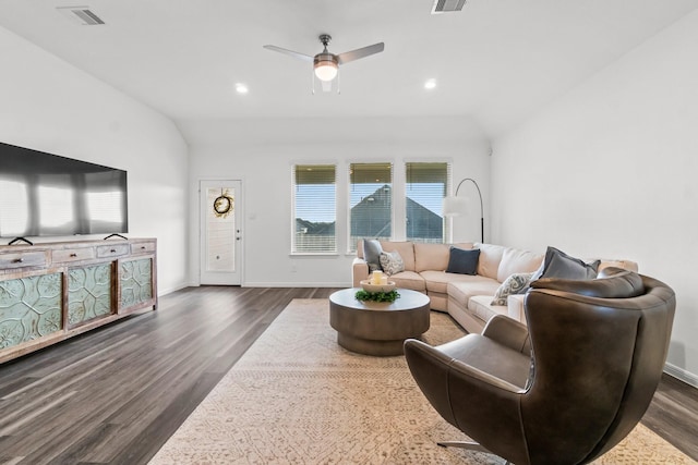 519 Newcomb Hollow Dr, Conroe, TX 77304 - living room featuring lofted ceiling, dark wood-type flooring, ceiling fan, baseboards, and recessed lighting