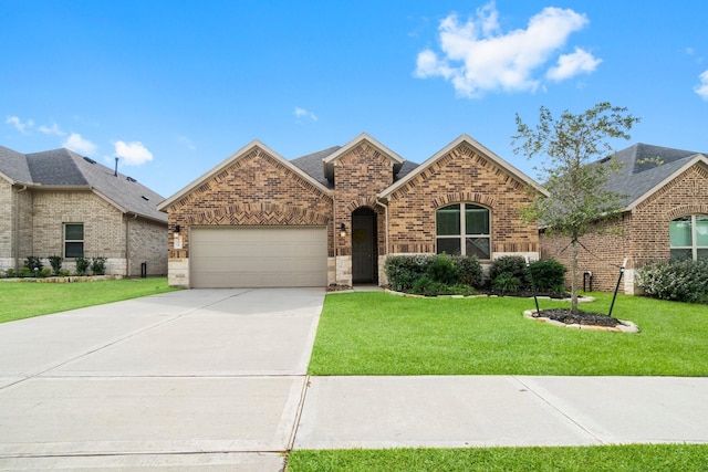 519 Newcomb Hollow Dr, Conroe, TX 77304 - view of front of property featuring brick siding, an attached garage, driveway, a front lawn, and stone siding