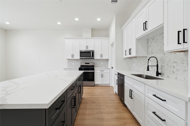 4629 Balkin St, Houston, TX 77021 - kitchen featuring stainless steel appliances, a sink, white cabinets, a center island, and tasteful backsplash
