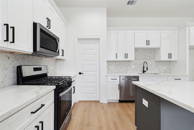 4629 Balkin St, Houston, TX 77021 - kitchen featuring stainless steel appliances, a sink, decorative backsplash, white cabinetry, and light wood-style flooring