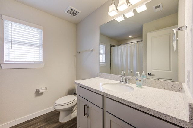 3033 Myrtle Sunset Dr, Katy, TX 77493 - full bath featuring baseboards, wood finished floors, toilet, vanity, and a shower with shower curtain