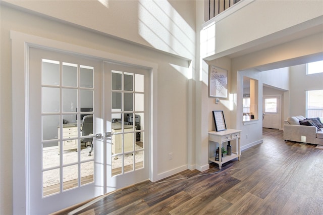 3033 Myrtle Sunset Dr, Katy, TX 77493 - doorway to outside featuring dark wood-style floors, baseboards, and a towering ceiling
