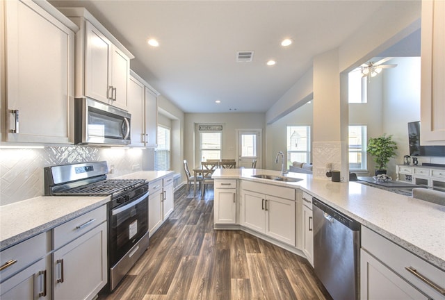 3033 Myrtle Sunset Dr, Katy, TX 77493 - kitchen with appliances with stainless steel finishes, a sink, dark wood finished floors, recessed lighting, and backsplash