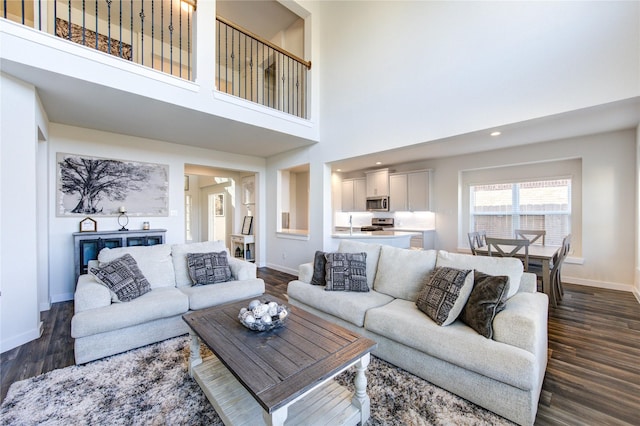3033 Myrtle Sunset Dr, Katy, TX 77493 - living room with baseboards, dark wood-type flooring, and a towering ceiling