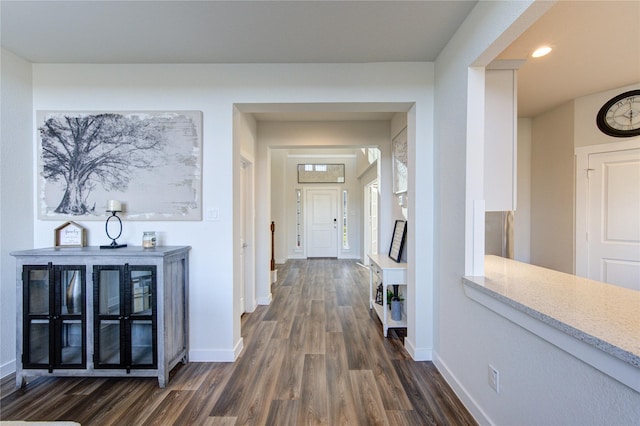3033 Myrtle Sunset Dr, Katy, TX 77493 - corridor with baseboards, dark wood-style floors, and recessed lighting