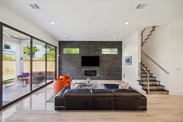 5430 Judalon Ln, Houston, TX 77056 - living area with stairway, a fireplace, recessed lighting, and baseboards