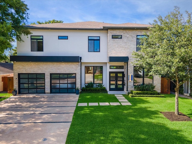5430 Judalon Ln, Houston, TX 77056 - contemporary home with concrete driveway, a garage, french doors, and a front yard