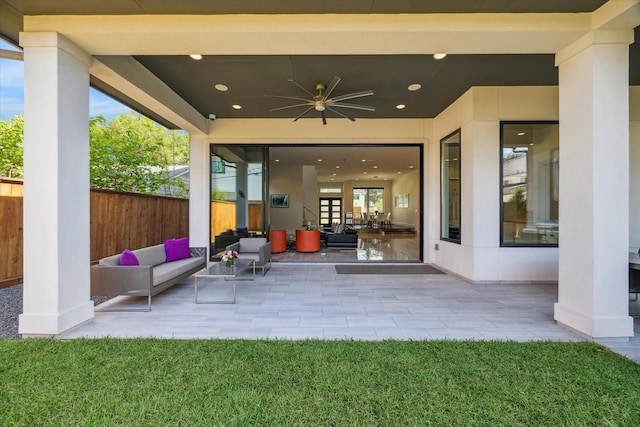 5430 Judalon Ln, Houston, TX 77056 - view of patio / terrace with fence, ceiling fan, and an outdoor hangout area
