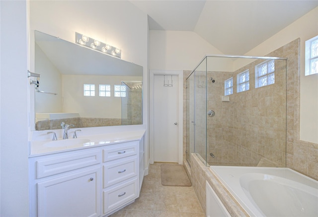 11509 Main Ash, Houston, TX 77025 - full bath with a shower stall, vanity, a bath, tile patterned flooring, and vaulted ceiling