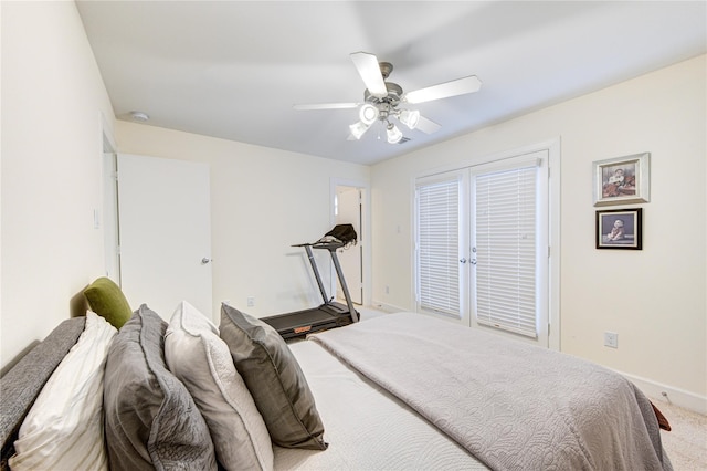 11509 Main Ash, Houston, TX 77025 - bedroom with baseboards, light carpet, access to outside, and ceiling fan