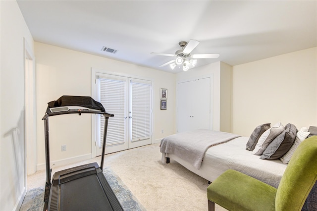 11509 Main Ash, Houston, TX 77025 - bedroom featuring carpet, ceiling fan, french doors, and baseboards