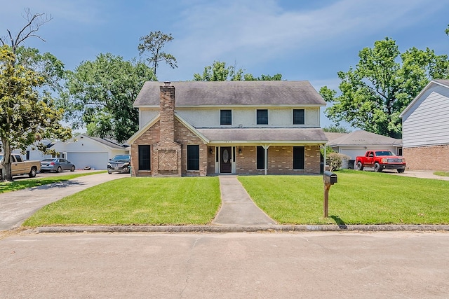 7803 Hurst Forest Dr, Humble, TX 77346 - view of front facade featuring a front yard, brick siding, a shingled roof, covered porch, and a chimney