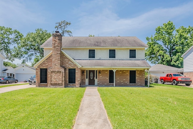 7803 Hurst Forest Dr, Humble, TX 77346 - view of front of home featuring a front lawn, a chimney, a shingled roof, a porch, and brick siding