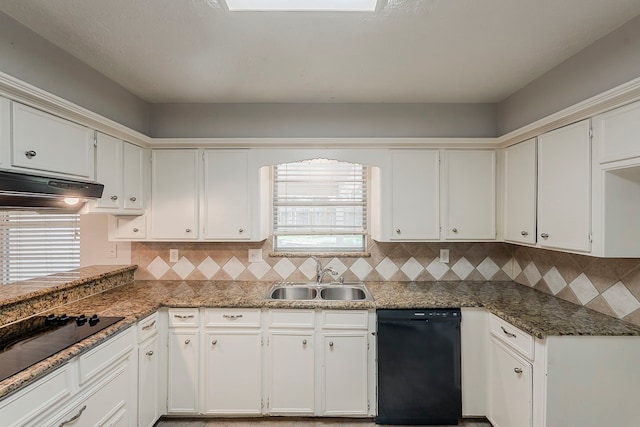 7803 Hurst Forest Dr, Humble, TX 77346 - kitchen with black appliances, a sink, under cabinet range hood, and white cabinets