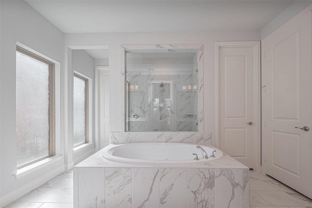 11430 Bush Clover Dr, Cypress, TX 77433 - full bath with marble look tile flooring, a marble finish shower, and a bath