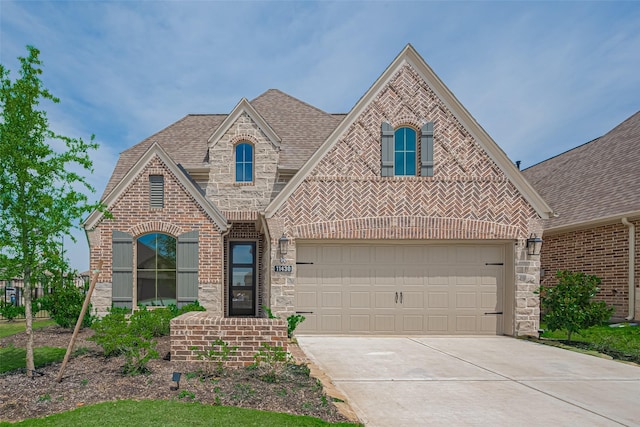 11430 Bush Clover Dr, Cypress, TX 77433 - french country style house featuring stone siding, concrete driveway, brick siding, and a shingled roof