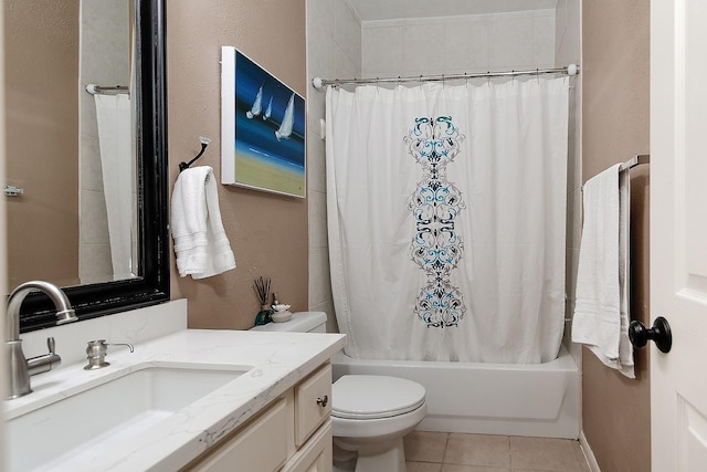 87 S Bluff Creek Cir, The Woodlands, TX 77382 - full bath featuring tile patterned floors, vanity, shower / tub combo with curtain, and toilet