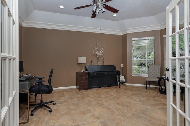 87 S Bluff Creek Cir, The Woodlands, TX 77382 - office space featuring ceiling fan, baseboards, a tray ceiling, crown molding, and light tile patterned floors