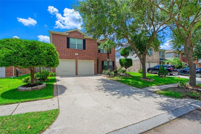 4705 Foster Hill Ct, Houston, TX 77345 - traditional-style home with brick siding, an attached garage, driveway, and a front lawn