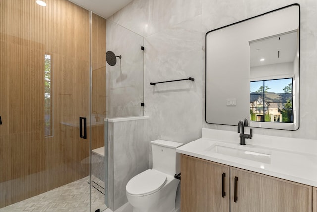 full bathroom featuring a shower stall, toilet, and vanity