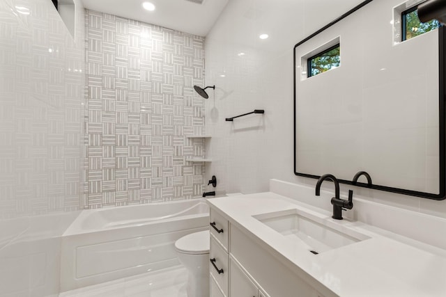 full bathroom with toilet, shower / bathtub combination, vanity, and recessed lighting