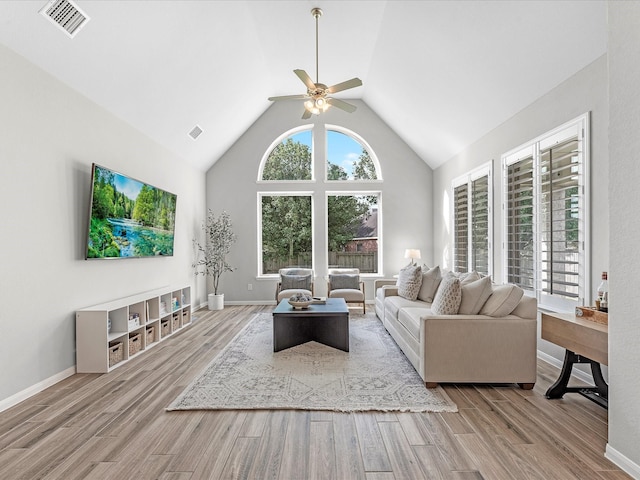 711 Summer Trace Ln, Richmond, TX 77406 - living area featuring a ceiling fan, wood finished floors, lofted ceiling, and baseboards