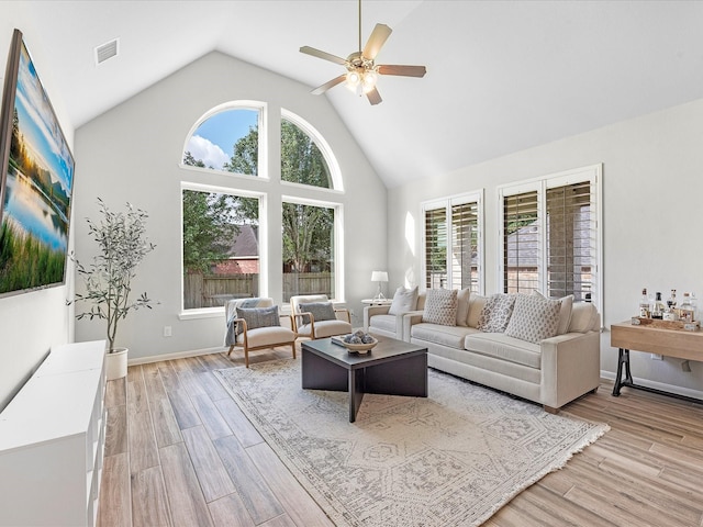 711 Summer Trace Ln, Richmond, TX 77406 - living room featuring ceiling fan, light wood-type flooring, high vaulted ceiling, and baseboards