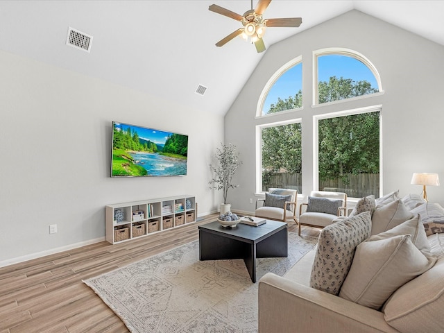 711 Summer Trace Ln, Richmond, TX 77406 - living area featuring ceiling fan, wood finished floors, high vaulted ceiling, and baseboards